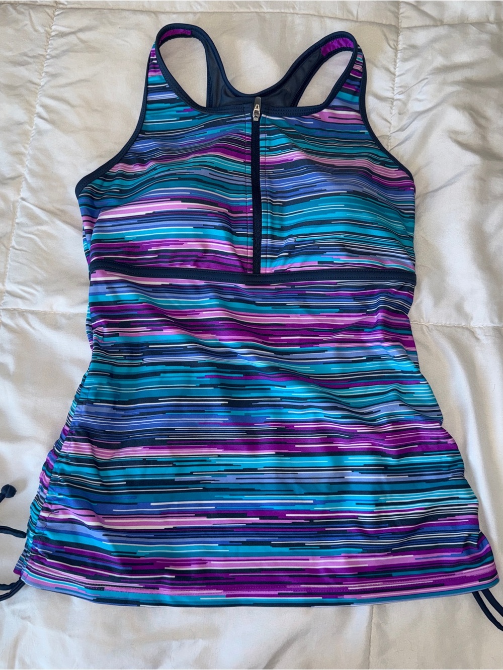 Free Country Striped One-Piece Swim Tank in Teal, Purple & Navy